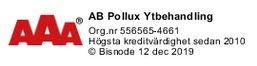 Vi är ett kreditvärdigt företag enligt Bisnodes värderingssystem som baserar sig på en mängd olika beslutsregler. Denna uppgift är alltid aktuell, informationen uppdateras dagligen via Bisnodes databas.